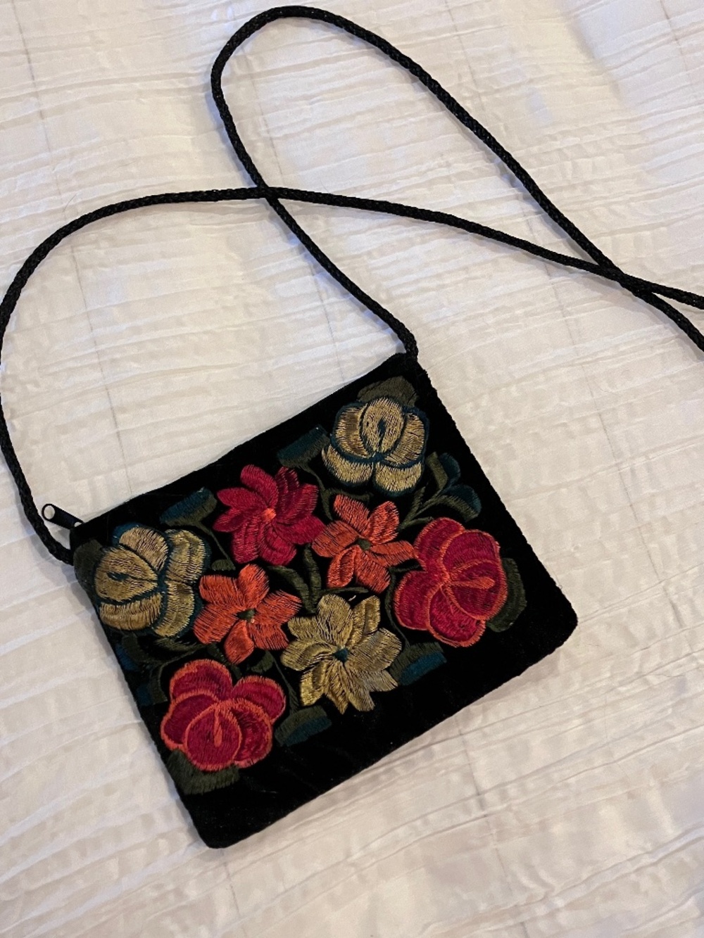 Embroidered Floral Black Velvet Purse